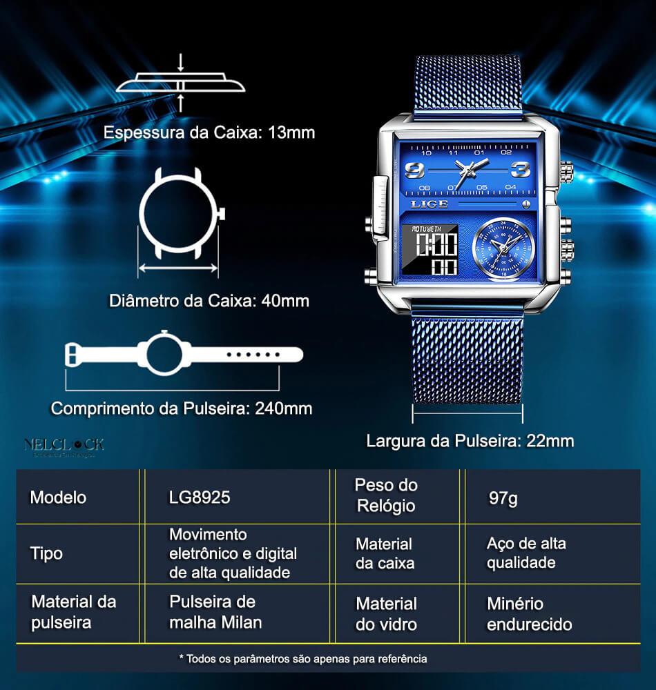 Nelclock excelência em relógio, Relógio lige, relogio quadrado, relógio azul